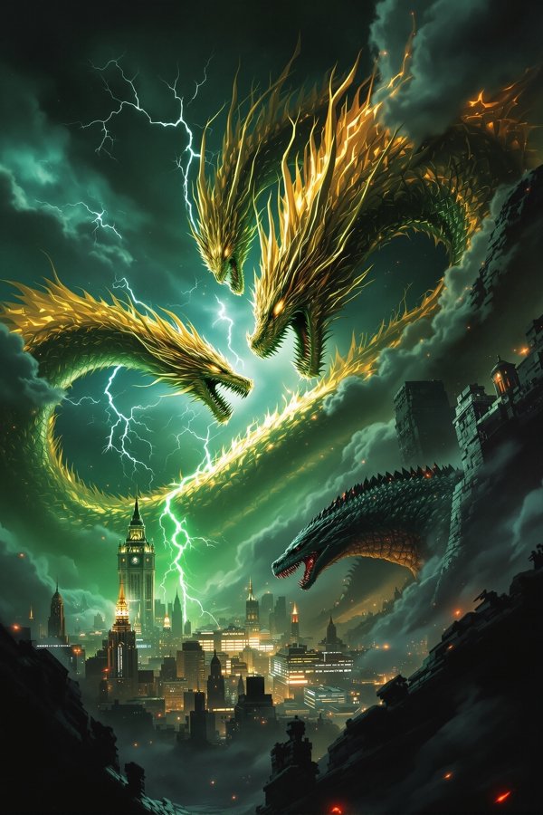 《哥斯拉2:怪兽之王》电影海报,基多拉与哥斯拉雷暴中对决